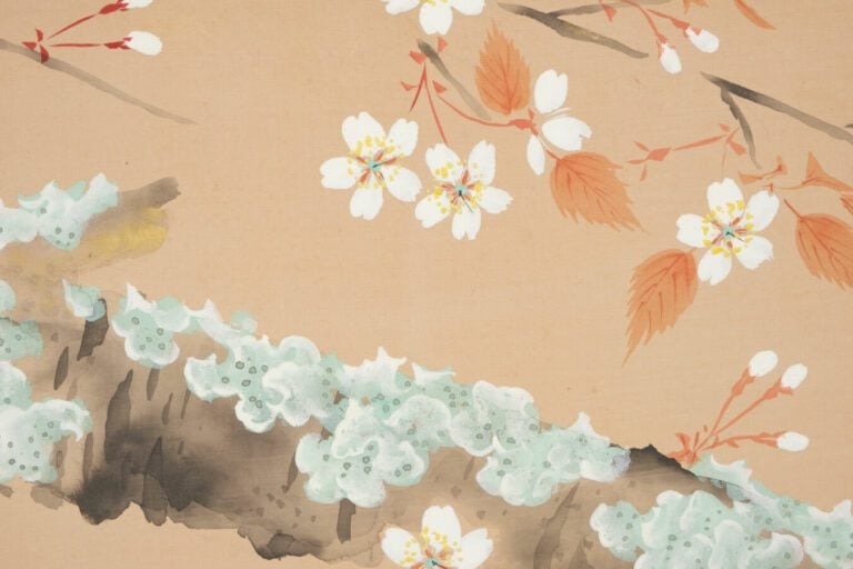 Paravent Byobu à deux panneaux avec une peinture colorée sur soie représentant…