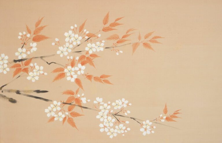 Paravent Byobu à deux panneaux avec une peinture colorée sur soie représentant…