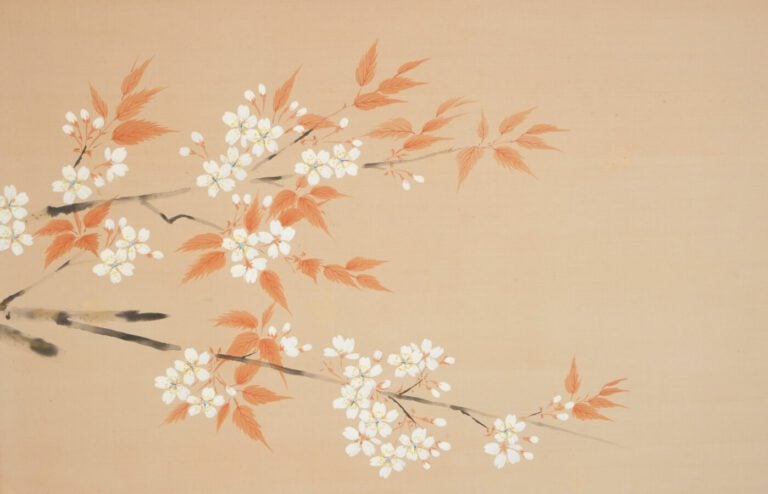 Paravent Byobu à deux panneaux avec une peinture colorée sur soie représentant…
