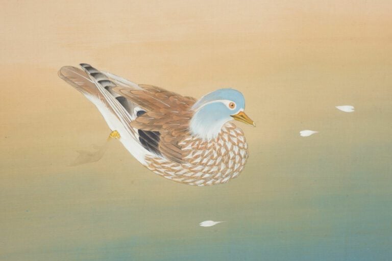Paravent Byobu à deux panneaux avec une peinture colorée sur soie représentant…