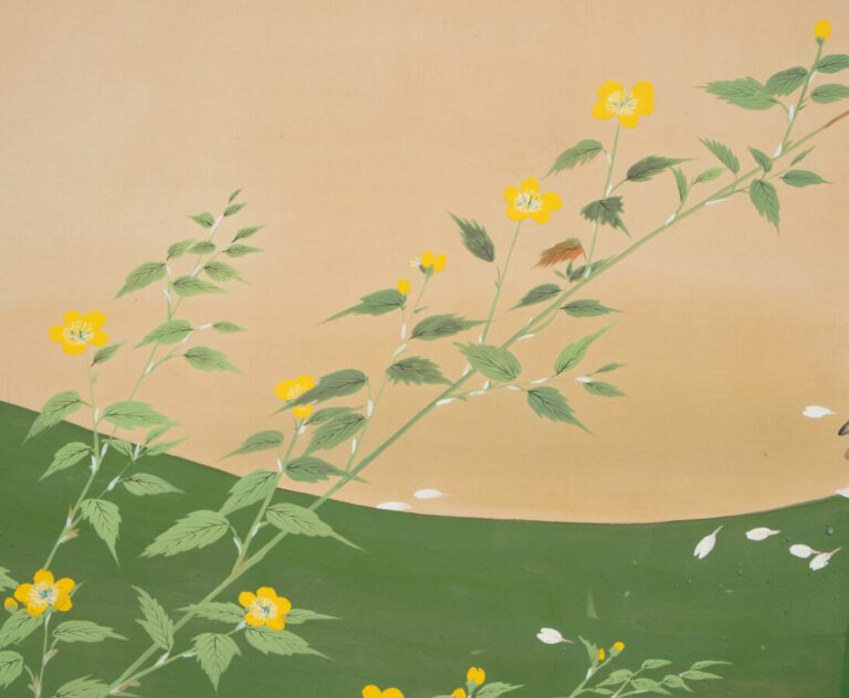 Paravent Byobu à deux panneaux avec une peinture colorée sur soie représentant…