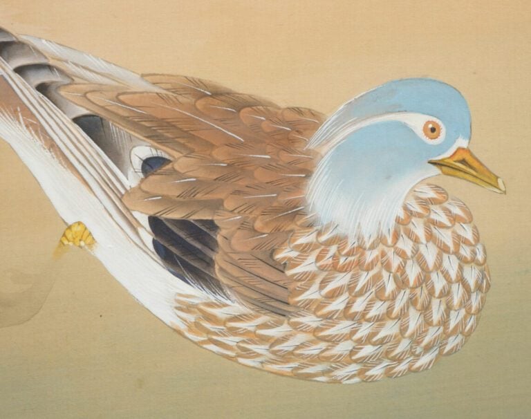 Paravent Byobu à deux panneaux avec une peinture colorée sur soie représentant…