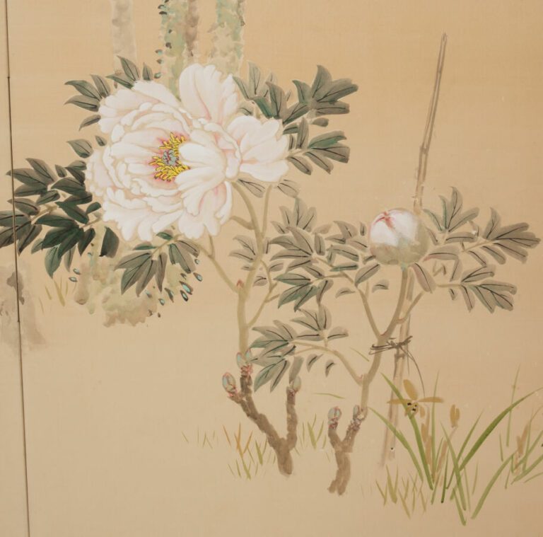 Grand byôbu (séparateur de pièce) à deux panneaux avec une peinture détaillée d…