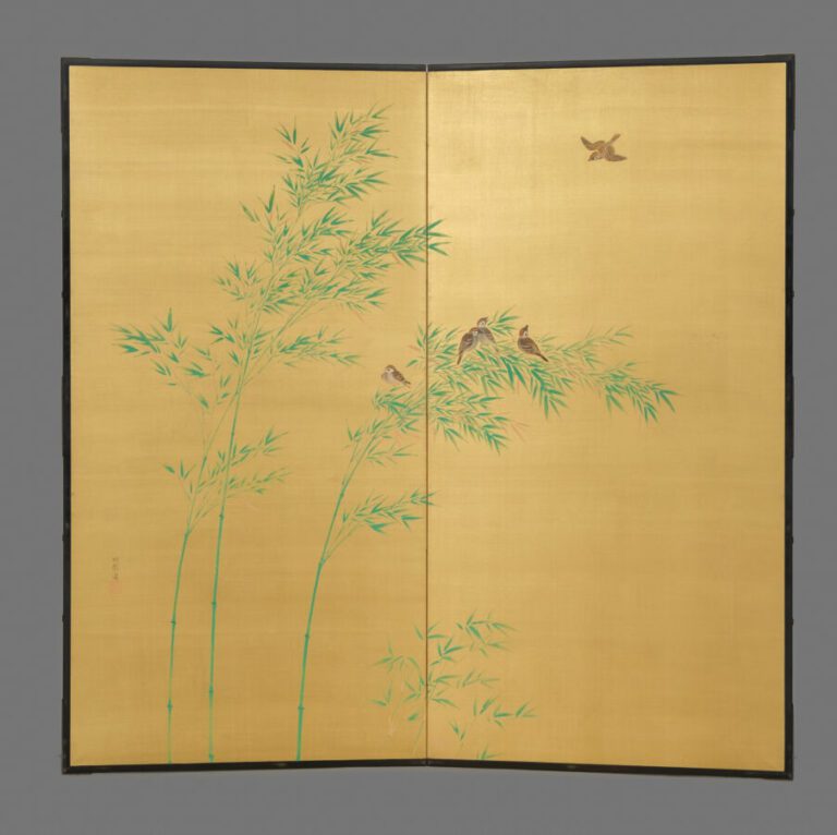 Grand byôbu (séparateur de pièce) à deux panneaux avec une peinture sur soie do…