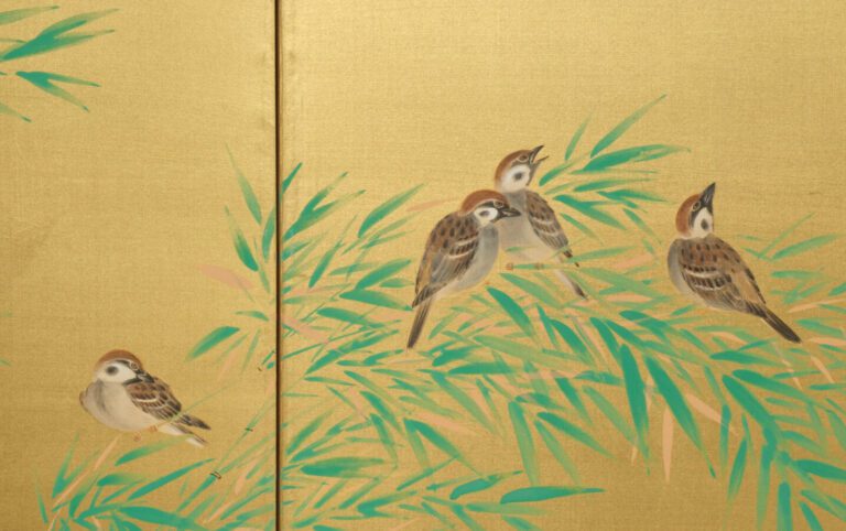 Grand byôbu (séparateur de pièce) à deux panneaux avec une peinture sur soie do…