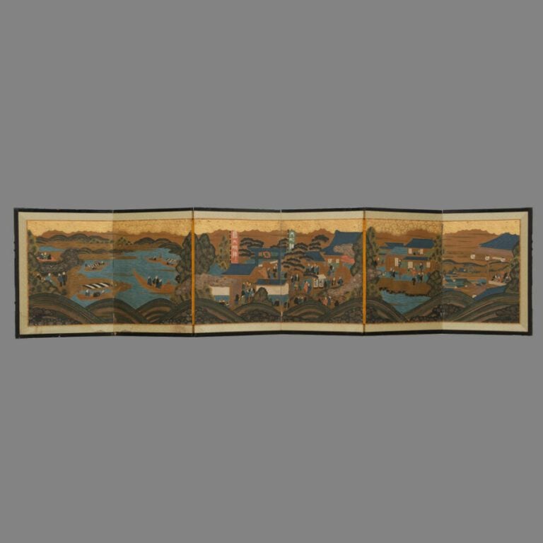 Petit paravent à 6 panneaux à peinture continue dépeignant différents aspects d…