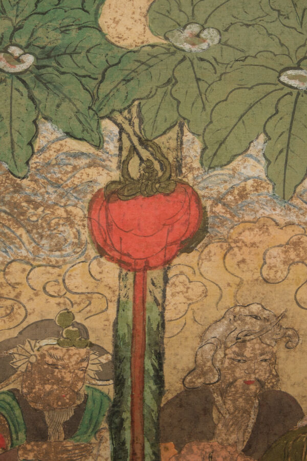 Importante peinture polychrome bouddhique Nehan sur soie présentée sous forme d…