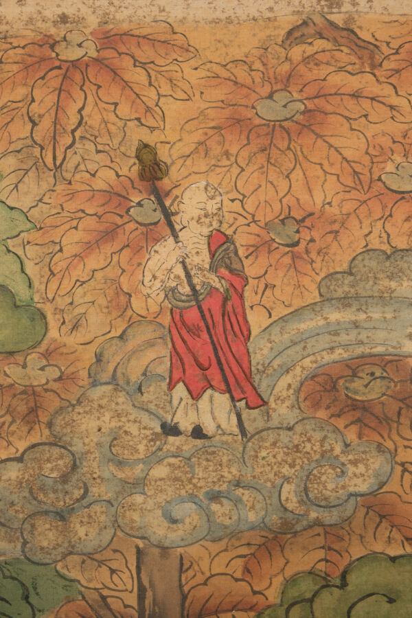 Importante peinture polychrome bouddhique Nehan sur soie présentée sous forme d…