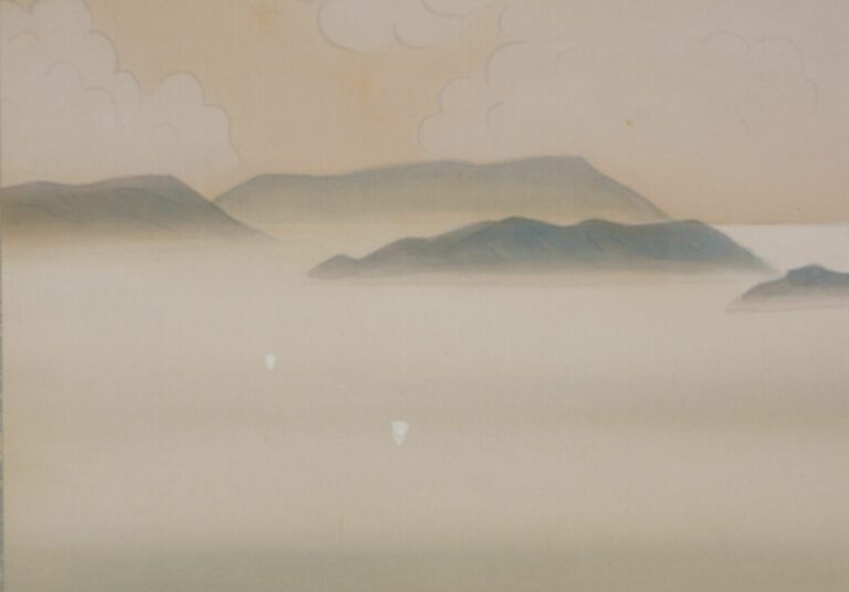 Kakejiku (rouleau suspendu) avec une peinture multicolore de trois voiliers de…