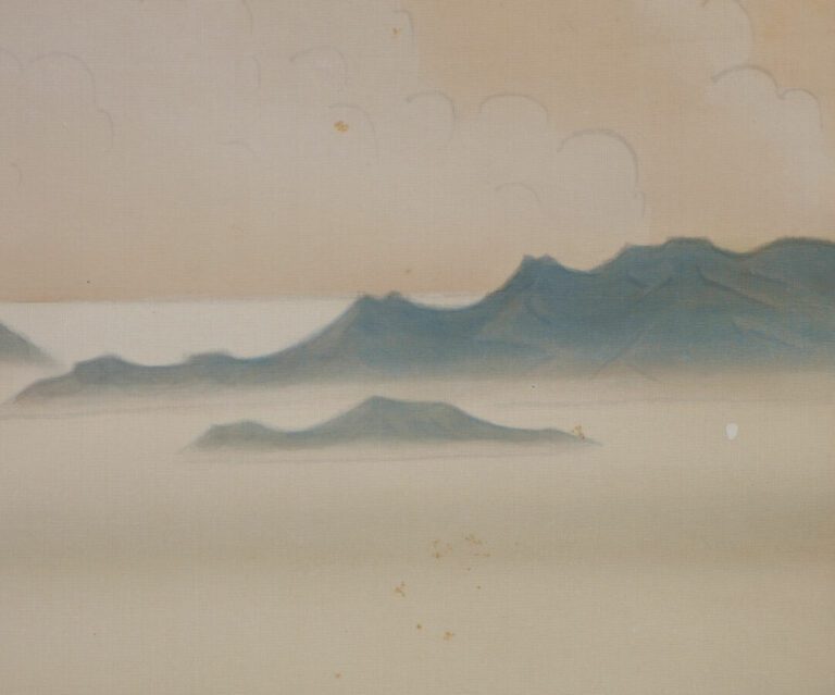 Kakejiku (rouleau suspendu) avec une peinture multicolore de trois voiliers de…