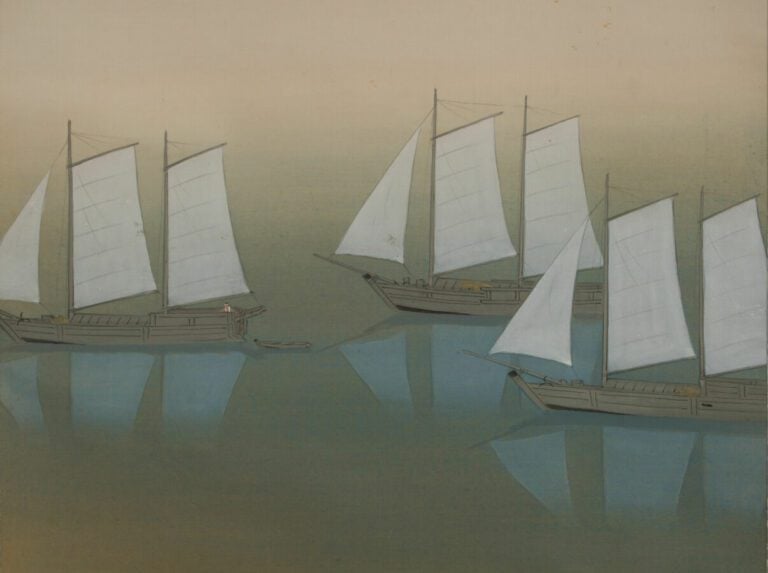 Kakejiku (rouleau suspendu) avec une peinture multicolore de trois voiliers de…