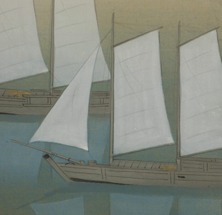 Kakejiku (rouleau suspendu) avec une peinture multicolore de trois voiliers de…