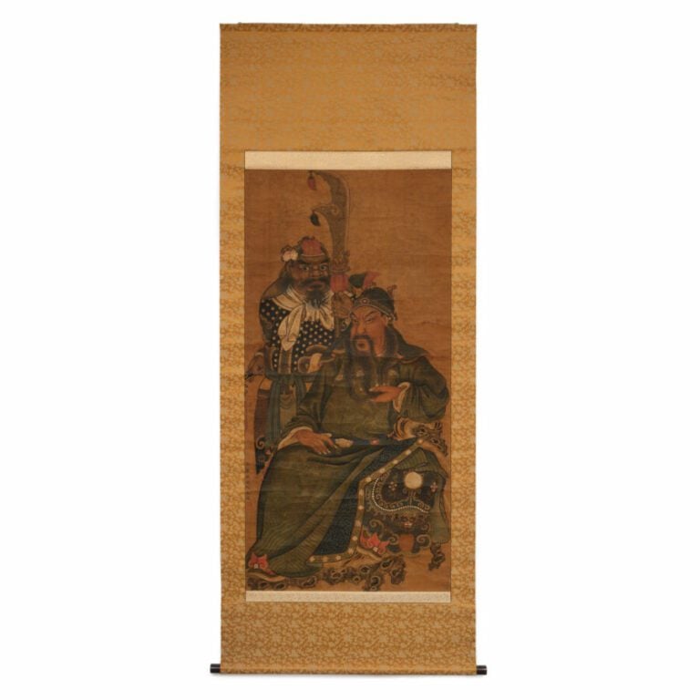 Grande peinture chinoise polychrome représentant le dieu de la guerre Guan Yu (…