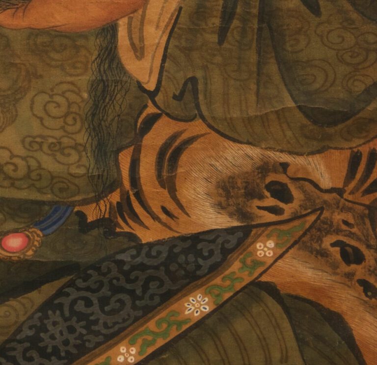 Grande peinture chinoise polychrome représentant le dieu de la guerre Guan Yu (…
