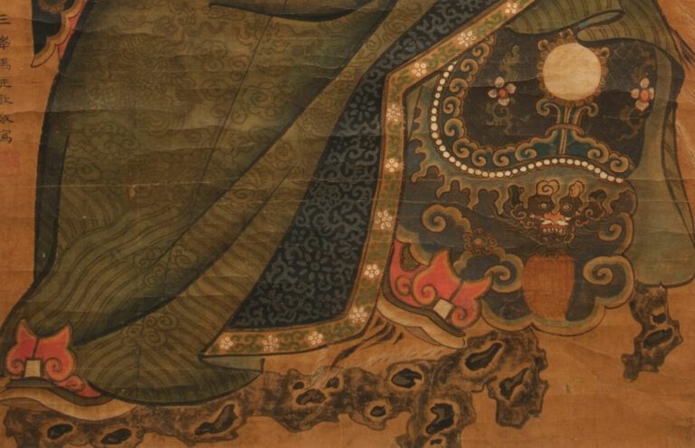 Grande peinture chinoise polychrome représentant le dieu de la guerre Guan Yu (…