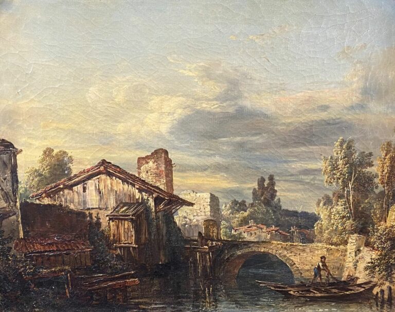 Ecole du XIXe siècle - Paysage au pont - Huile sur toile - 33 x 41 cm - - PAS D…