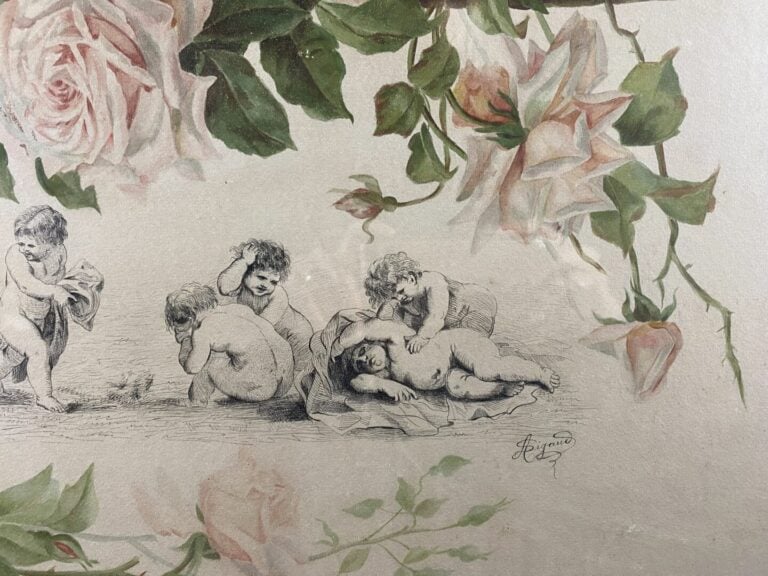 Pièce encadrée - Frise de cherubins dans une couronne de roses - Portant une si…