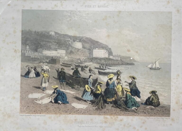 Gravure rehaussée - Femmes et pêcheur de Nice - 26 x 36 cm - (rousseurs)