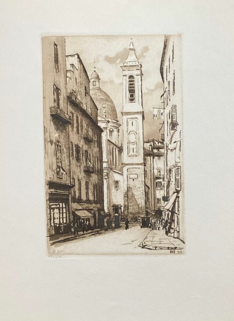Lot de pièces encadrées et gravures régionalistes, Nice 1932, la rue de l'églis…