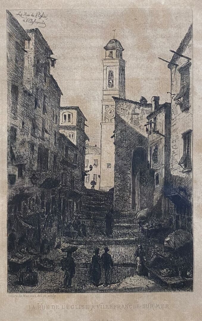 Lot de pièces encadrées et gravures régionalistes, Nice 1932, la rue de l'églis…