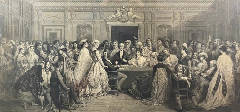 Gravure encadrée - La salle de jeu - Dim (à vue) : 46.5 x 98 cm