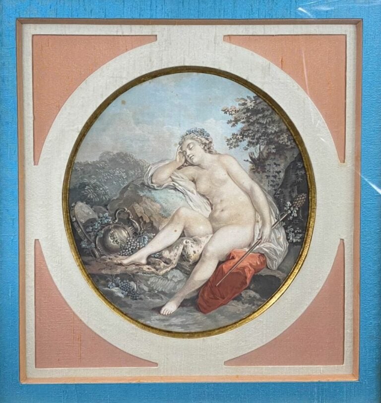Gravure en couleurs encadrée - Jeune femme endormie - Diam .: 25 cm