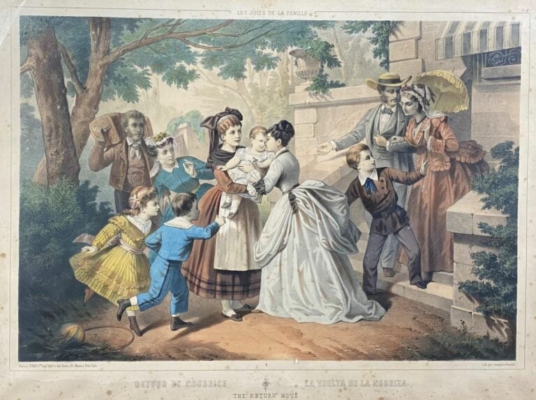 Gravure en couleurs intitulée Le retour de la nourrice - 37.5 x 50 cm - (rousse…