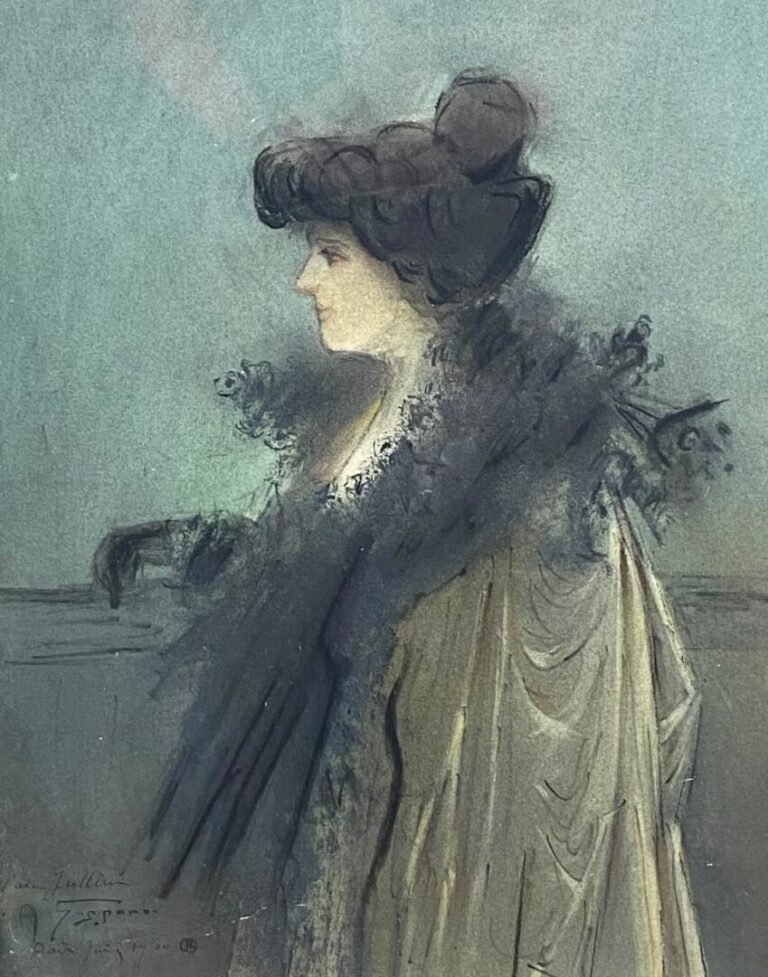 Auguste PANON (XIXe-XXe siècle) - Femme au manteau, 1900 - Pastel et crayons de…