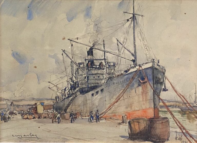 Georges ROSE (1895-1951) - Bateau à quai, port de Sète - Aquarelle sur papier -…