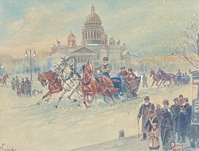 Pierre PERCHINE (1877-1956) - Scène de troïka dans la neige - Aquarelle et reha…