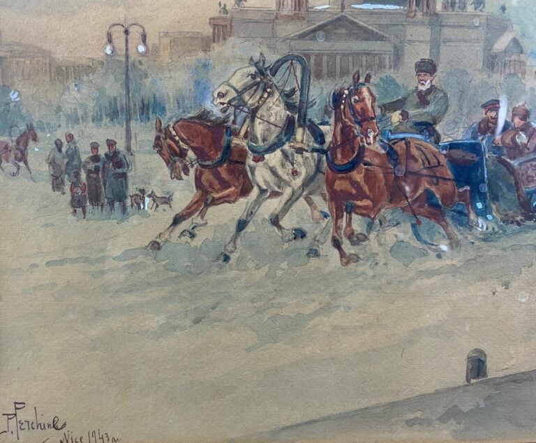 Pierre PERCHINE (1877-1956) - Scène de troïka dans la neige - Aquarelle et reha…