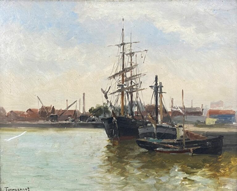 Louis Etienne TIMMERMANS (1846-1910) - Vue de port - Huile sur carton - Signé e…