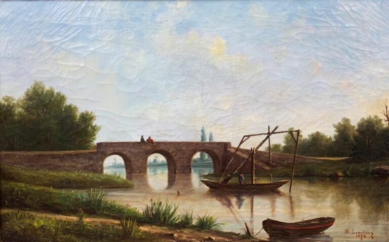 M. LEVELING ? - Paysage au pont - Huile sur toile - Signée en bas à droite et d…