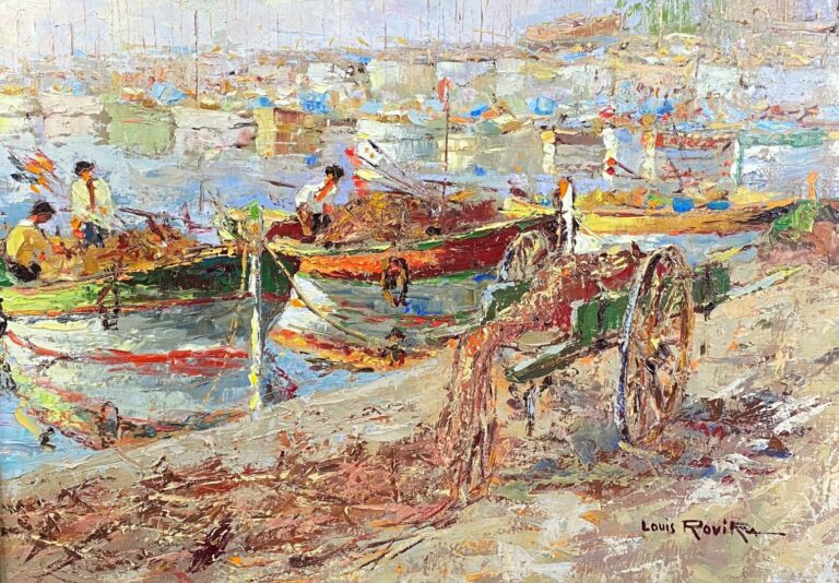 Joan ROVIRA (1936-1993) - Pêcheurs à Sanary - Huile sur toile - Signée en bas à…
