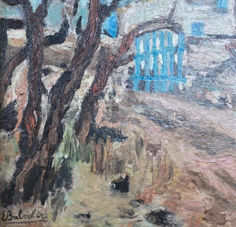 Ecole du XXe siècle - Le portail bleu - Huile sur carton - Porte une signature…