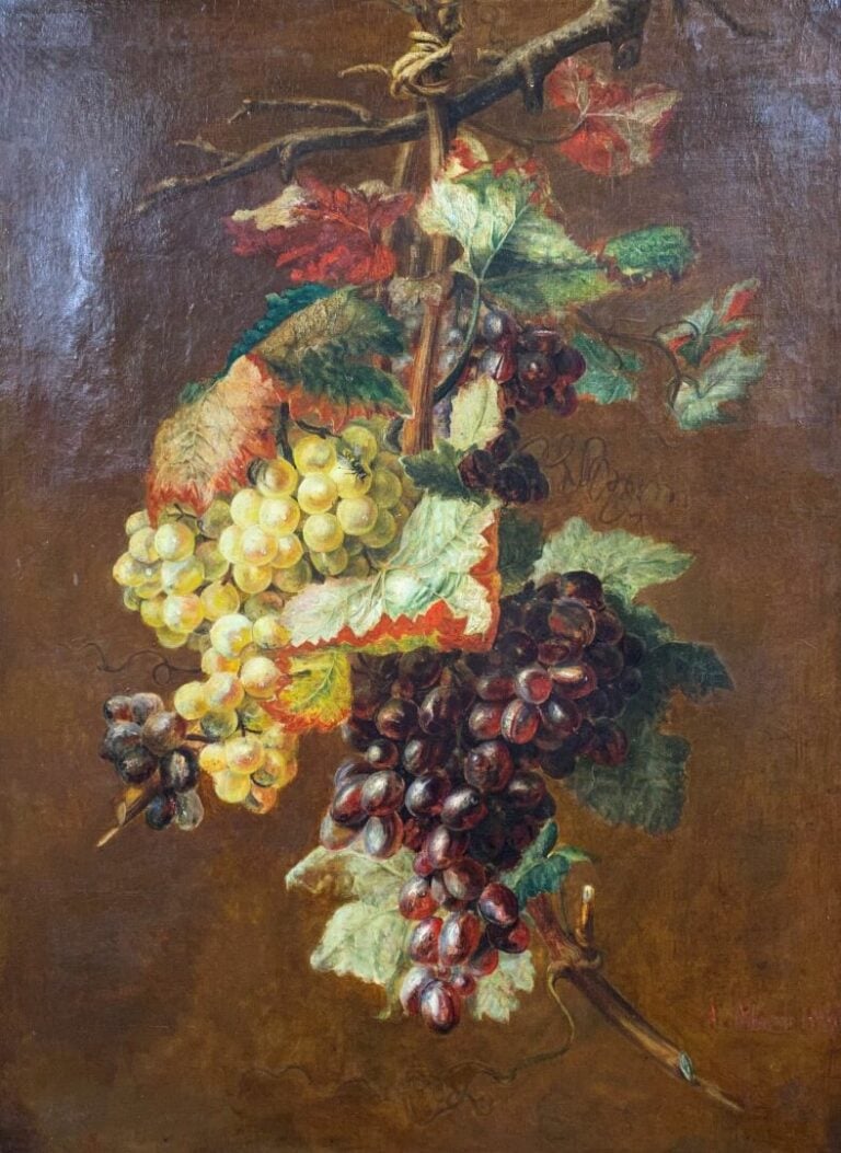 Ecole moderne - Branches de grappes de raisin - Huile sur toile - Signée en bas…