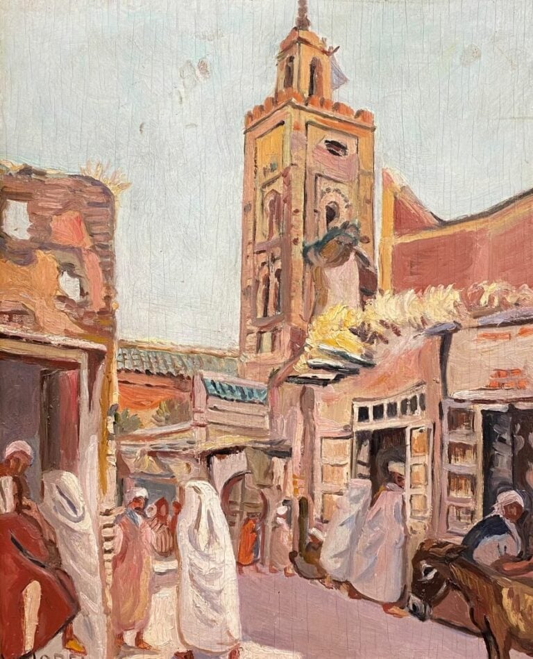 A. LOREL (?) ((XXe siècle) - Scène animée devant un minaret - Huile sur panneau…