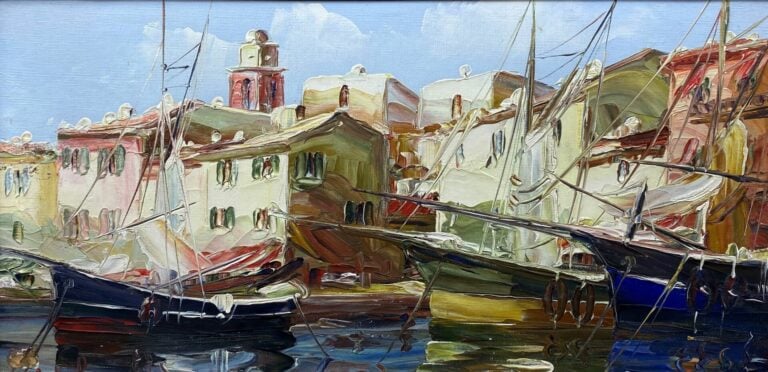 Ecole moderne - Vue du port de Saint-Tropez - Peinture au couteau sur toile - S…