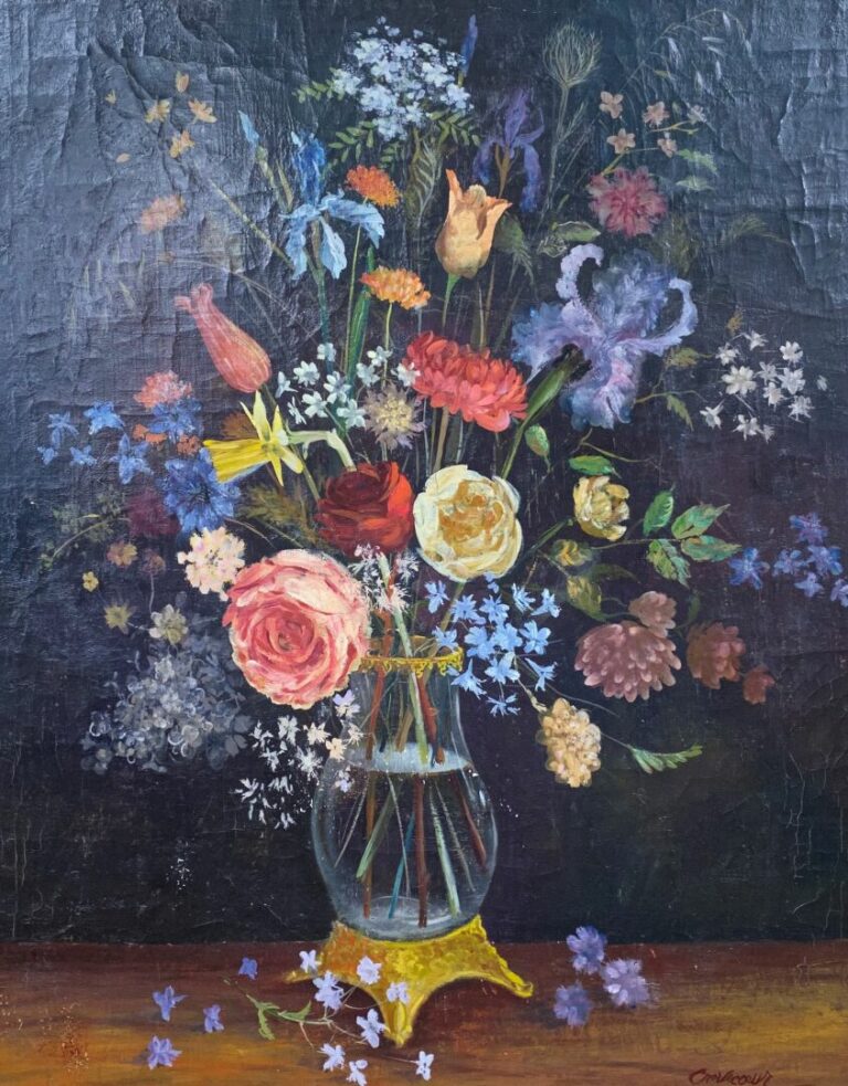 CREVECOEUR (XXe siècle) - Bouquet de fleurs sur un entablement - Huile sur toil…