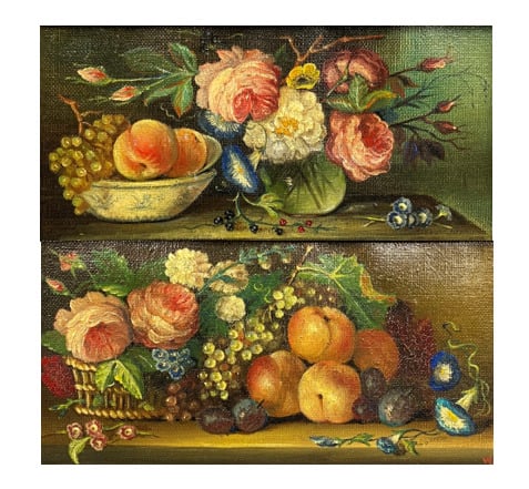 Ecole du XXe siècle - Nature morte aux fruits sur un entablement - Deux petites…