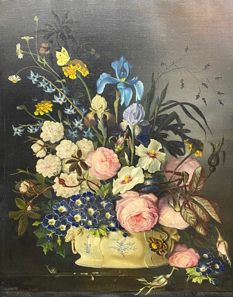 Ecole du XXe siècle - Bouquet de fleurs sur un entablement - Huile sur toile -…