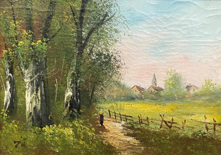 Lot comprenant trois toiles Paysage et Promeneurs, une aquarelle Paysage de cam…