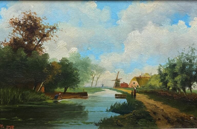 Lot comprenant trois toiles Paysage et Promeneurs, une aquarelle Paysage de cam…