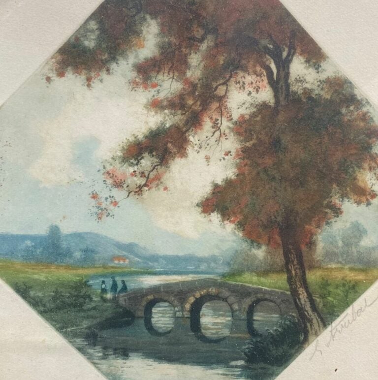 Lot comprenant trois toiles Paysage et Promeneurs, une aquarelle Paysage de cam…