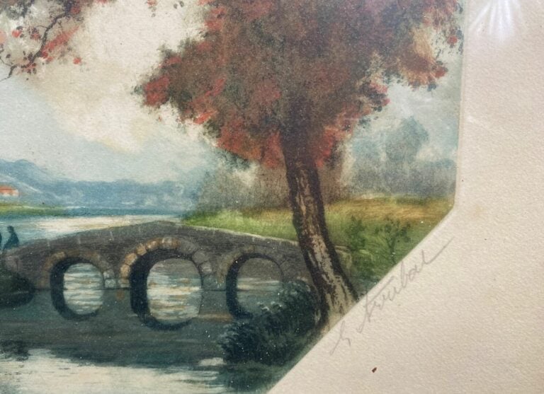 Lot comprenant trois toiles Paysage et Promeneurs, une aquarelle Paysage de cam…