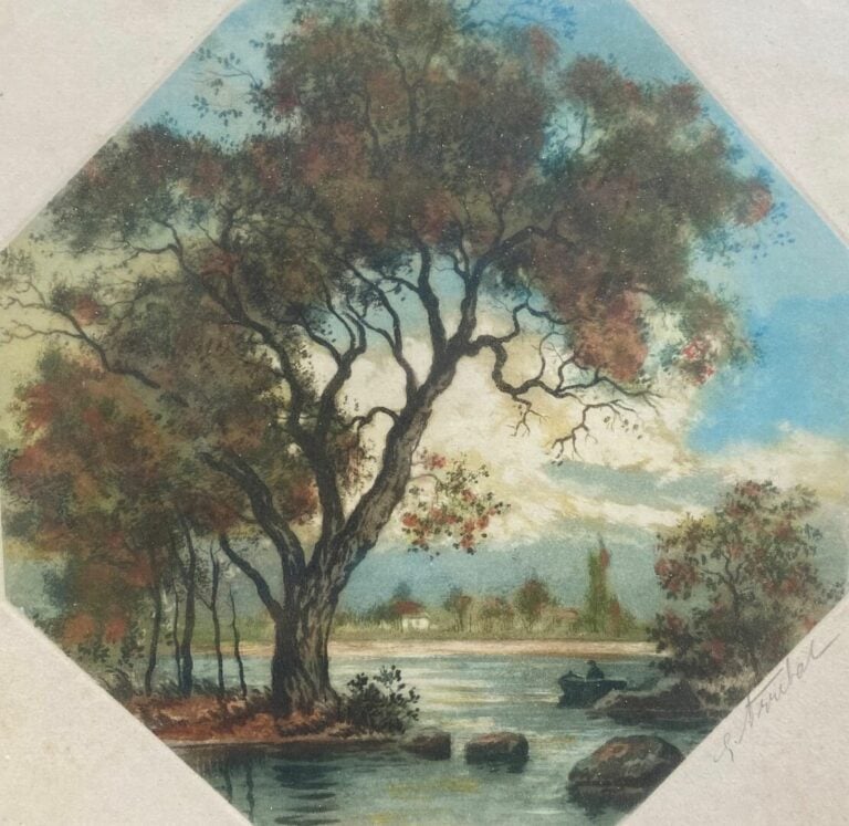 Lot comprenant trois toiles Paysage et Promeneurs, une aquarelle Paysage de cam…