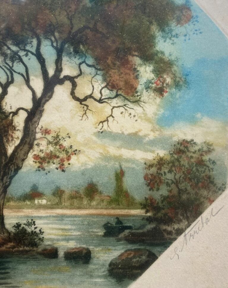 Lot comprenant trois toiles Paysage et Promeneurs, une aquarelle Paysage de cam…
