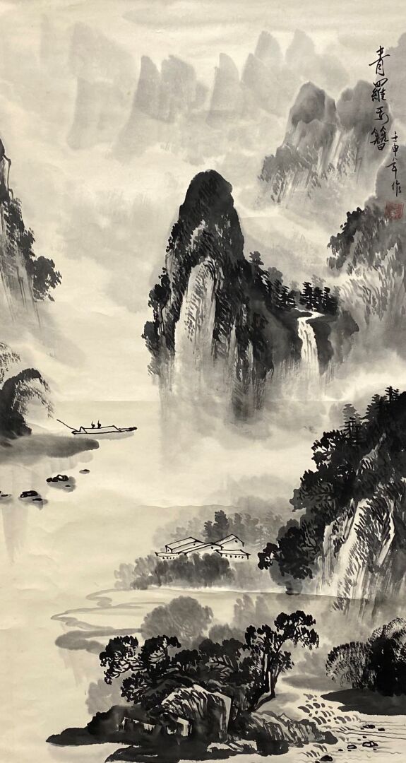 Chine - Ensemble de deux rouleaux, l'un à décor d'un paysage rocheux et l'autre…