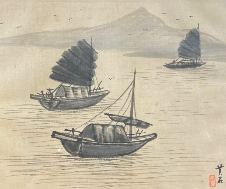 Asie - Ensemble de deux pièces encadrées comprenant une peinture sur soie repré…