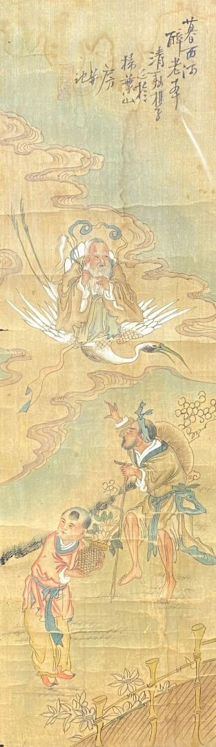 Chine - Trois peintures sur soie - (pliures, déchirures)